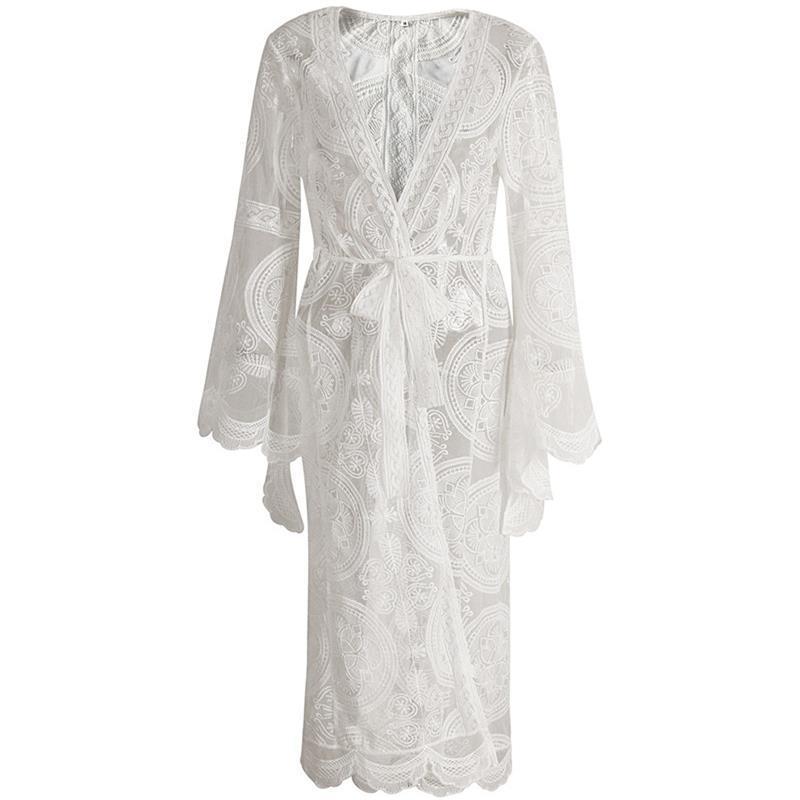 Cross-Border New Belted Sun Protection Clothing for Women Long Bohemian Beach Jacket Cardigan with Lace Swimsuit Cover-Up