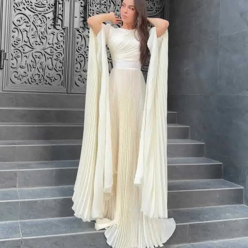 Folds Flare Sleeve Round Collar Floor Lace Up Tight Waist A Line Formal Gown