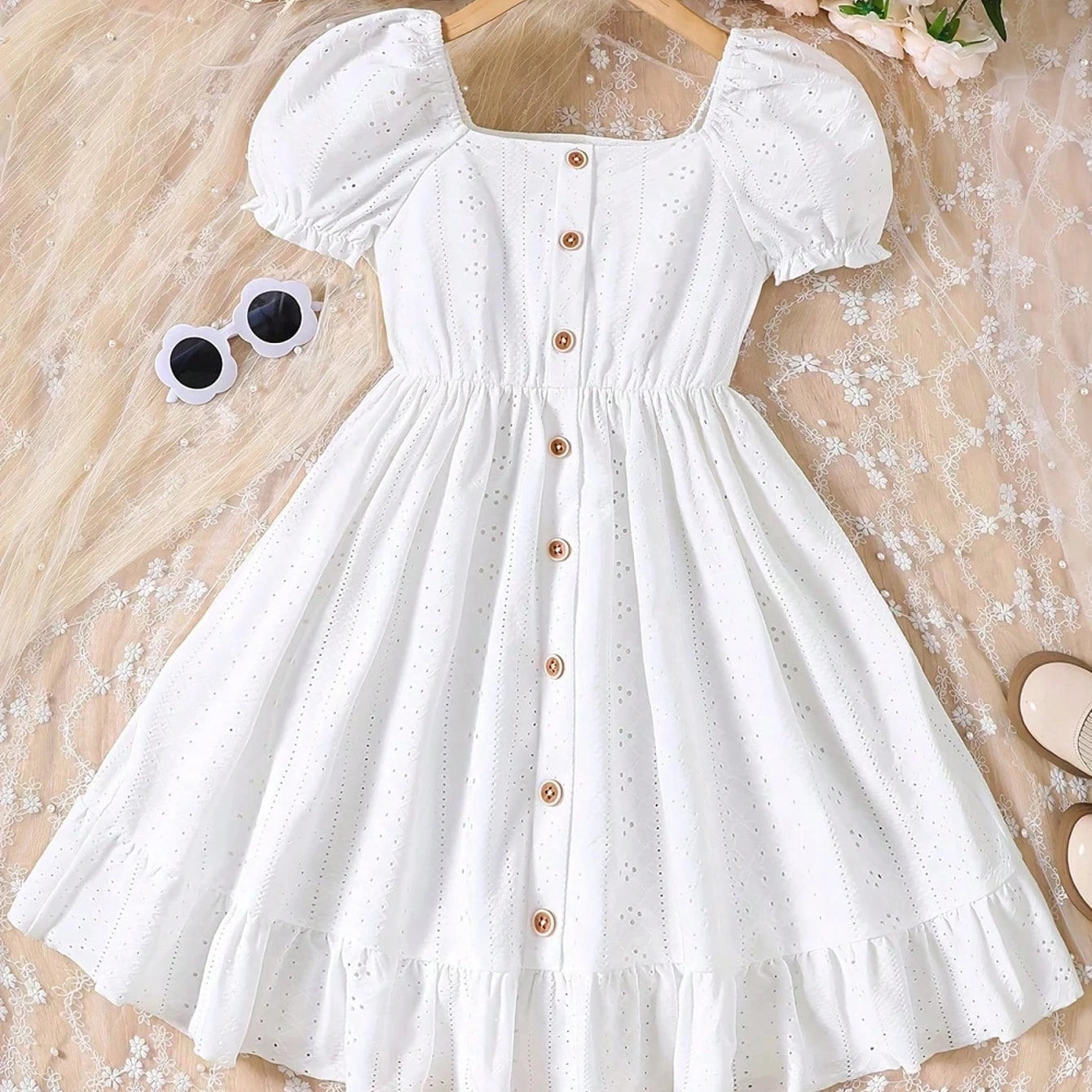 Girls' Summer Dress - Sweet Knitted, Elegant Hollow Jacquard, Bubble Sleeves and ruffle hem, Casual Button Front White Dress
