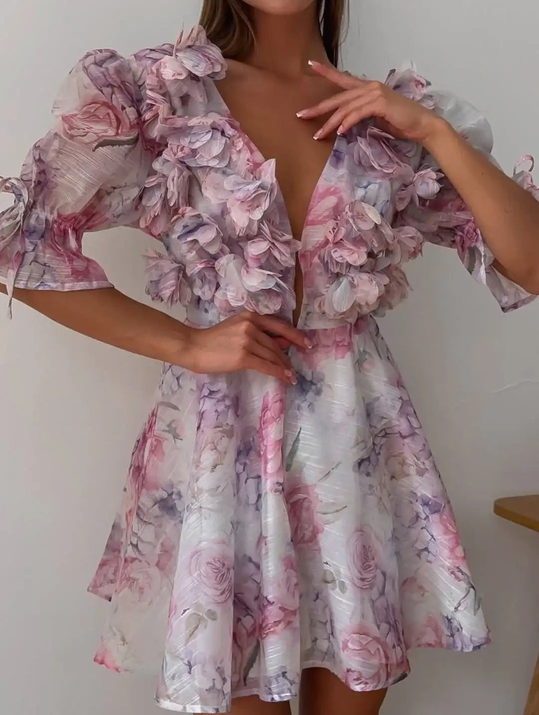 Flower Printed V-neck A-line Short Dress