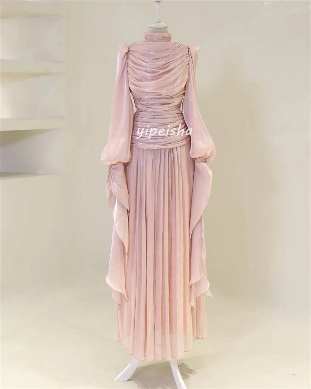 Intricate Pleat Ruched Draped A-line High Collar Long Dresses