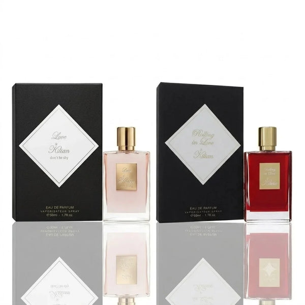 Perfume collection fragrance bottles display flat lay