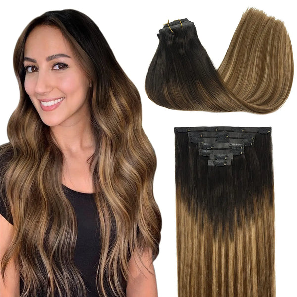 Invisible skin weft clip in remy hair extensions balayage blonde