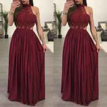 Red lace maxi dress with halter neck and open back