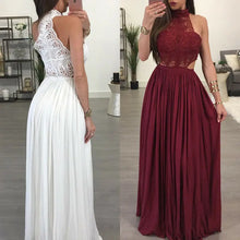 Red lace maxi dress with halter neck and open back