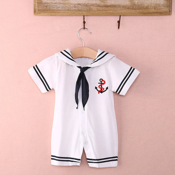 Sailor baby romper worn by a baby