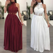 Red lace maxi dress with halter neck and open back