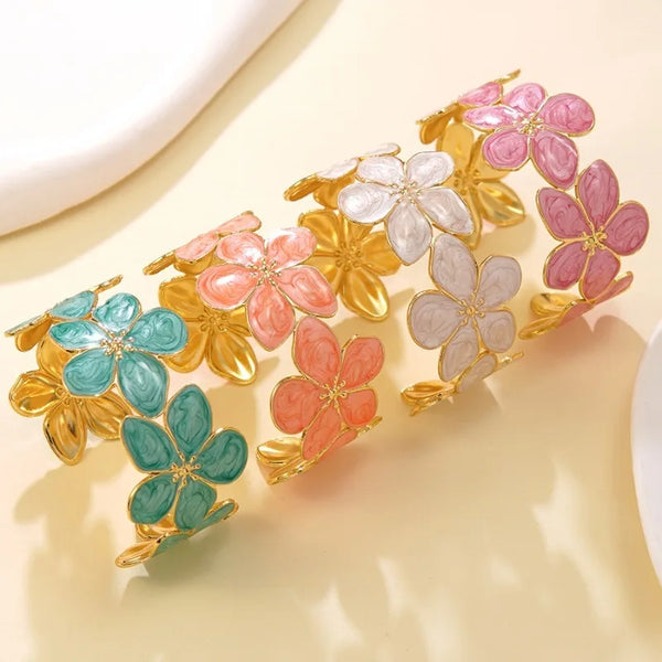 Multicolor Enamel Flower Cuff Bracelet Vintage Floral