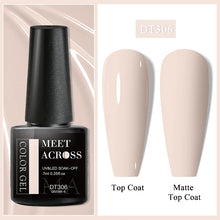 Nail gel polish bottle with 'Meet Across' branding and two nail samples labeled 'Top Coat' and 'Matte Top Coat'.
