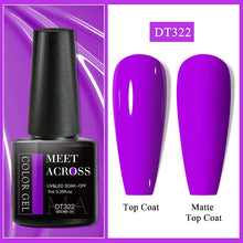 Nail gel polish bottle with purple color swatches labeled 'Top Coat' and 'Matte Top Coat' on a purple background.