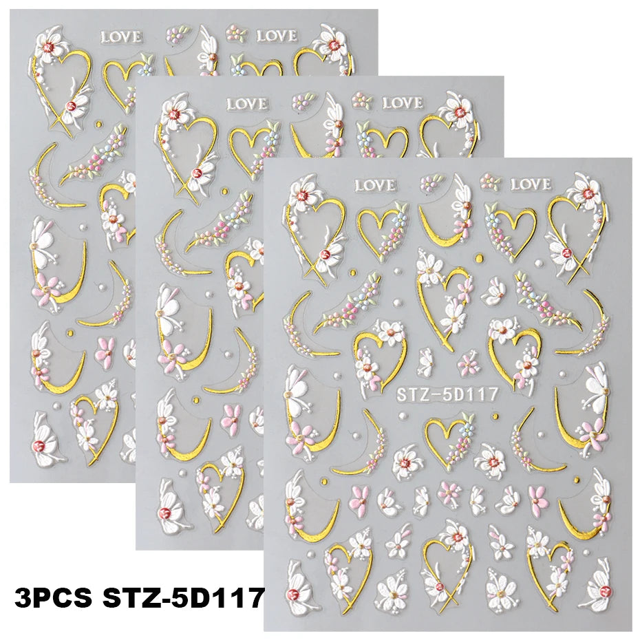 Floral Gold Line Sliders Spring White Flowers Nail Stickers