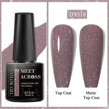Nail gel polish bottle with 'Meet Across' branding and two nail samples showing top coat and matte top coat effects.