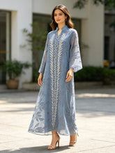 Mint Green Abaya with Silver Sequin Leaf Kaftan Elegant Ramadan Eid Prayer Dress