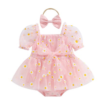 Baby girl tulle romper in pink with daisy print and headband