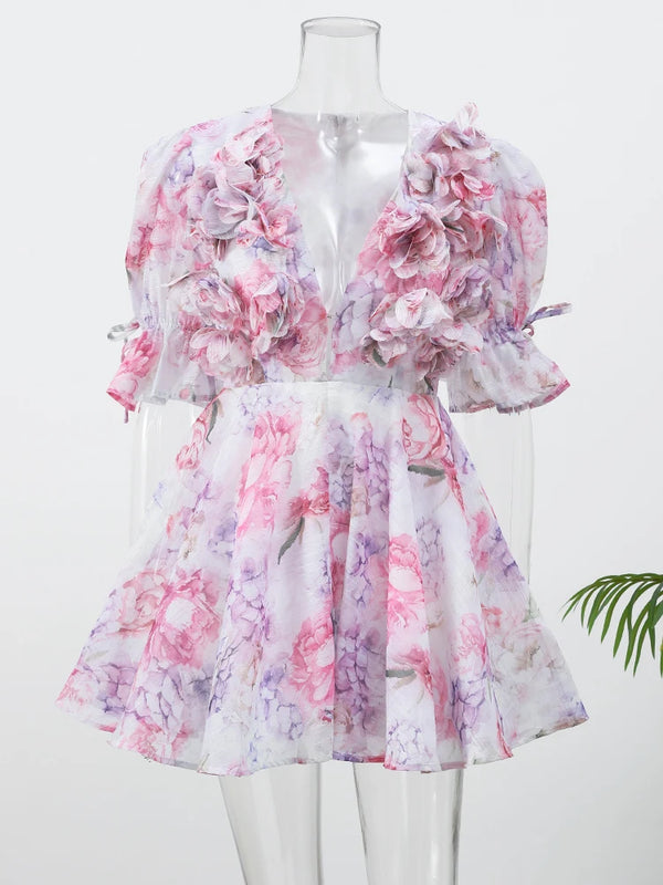 Flower Printed V-neck A-line Short Dress