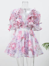 Flower Printed V-neck A-line Short Dress