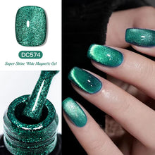 Green glittery nail polish with a close-up of nails painted with the same color.