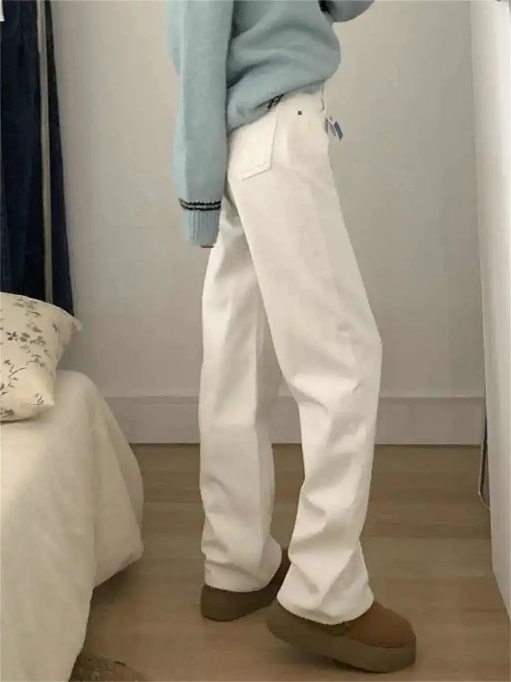 Winter Warm White High Waisted Denim Jeans