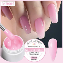 Pink gel nail polish with a brush and labeled 'Meet Across' on a neutral background