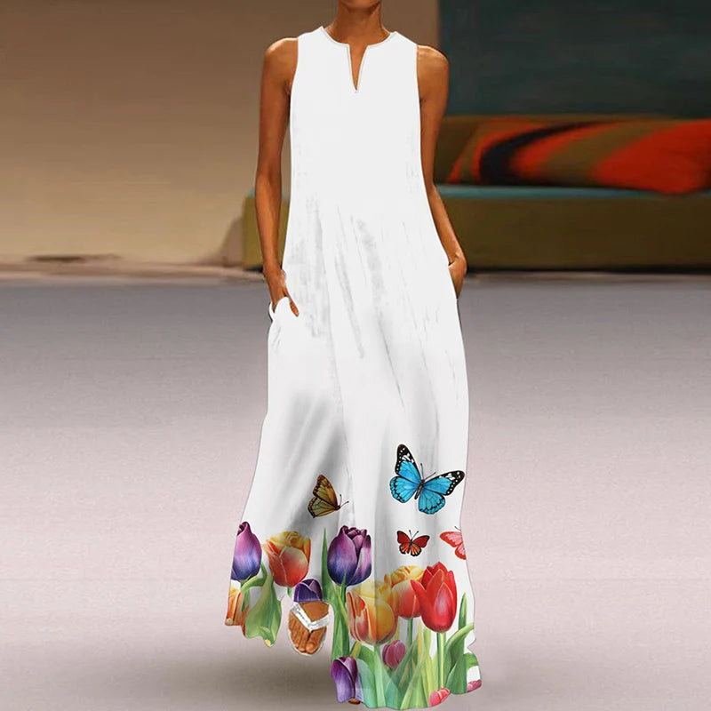 Summer Dress Woman 2025 Printed Dresses Summer Sleeveless V-Neck Long Dress Ladies Casual Elegant Beach Party Maxi Dresses