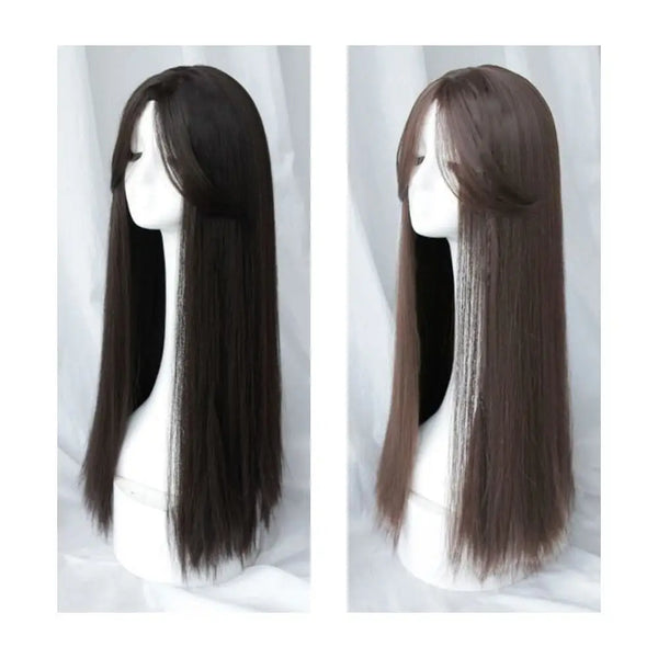 1. Black straight hair wig with middle part fringe — full length view. 2. Black straight hair wig showing smooth tangle-free synthetic fibres. 3. Black straight hair wig with adjustable band for secure fit. 4. Black straight hair wig middle part fringe framing the face. 5. Black straight hair wig worn for casual daily wear look. 6. Black straight hair wig available at Her Wardrobe & Beyond.