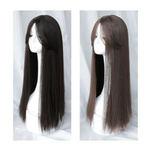 1. Black straight hair wig with middle part fringe — full length view. 2. Black straight hair wig showing smooth tangle-free synthetic fibres. 3. Black straight hair wig with adjustable band for secure fit. 4. Black straight hair wig middle part fringe framing the face. 5. Black straight hair wig worn for casual daily wear look. 6. Black straight hair wig available at Her Wardrobe & Beyond.