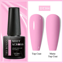 Nail gel polish with a black bottle labeled 'Meet Across' and two pink nail samples, one glossy and one matte, on a pink background.