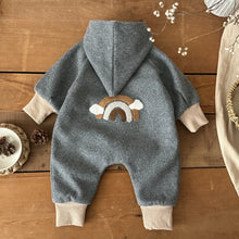 Rainbow baby jumpsuit with an attached winter hood