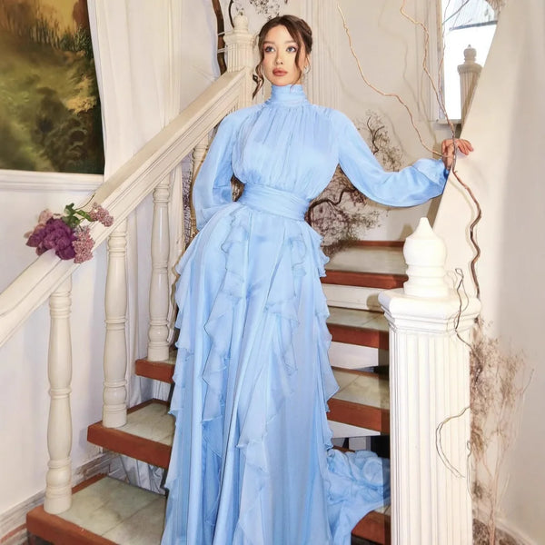 Light Blue Solid Color Casual Trendy Long Sleeve Dress