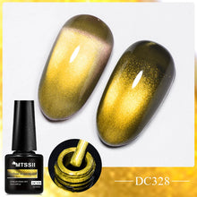 MTSSII magnetic cat-eye nail polish in shade DC328, showing a bottle of gold magnetic gel polish alongside two glossy nail swatches displaying the characteristic gold-to-bronze cat-eye shimmer, and a circular inset showing the polish being swirled on a brush.
