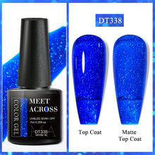 Nail gel polish with black bottle labeled 'Meet Across' and two blue glittery nail samples.