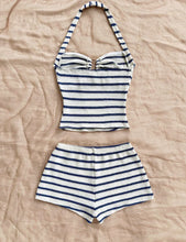 Summer Textured Knit Halter Top Shorts Two Piece Outfit, Classic Nautical Stripes Paired With Breathable Knit Fabric, Ideal For