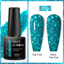 Nail gel polish bottle with teal glittery topcoat on nails, labeled 'Meet Across'.