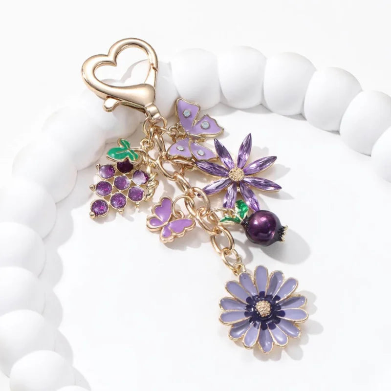 Pretty Purple Flower Grape Butterfly Enamel Keychain Plant Fruit Cute Pendants
