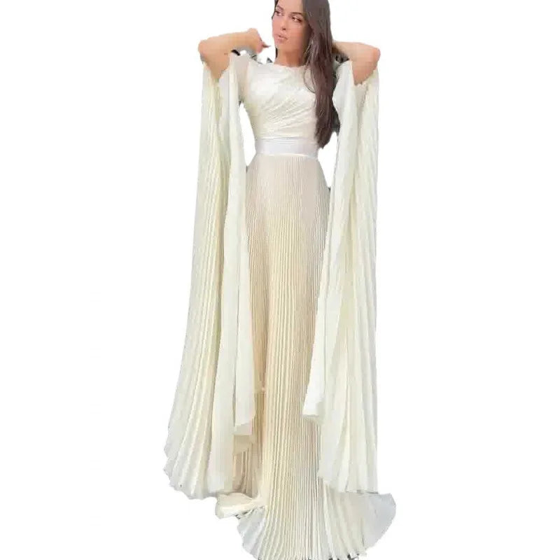 Folds Flare Sleeve Round Collar Floor Lace Up Tight Waist A Line Formal Gown