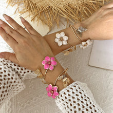 Enamel Flower Open Cuff Bracelet – Adjustable Gold-Plated Charm Bangle