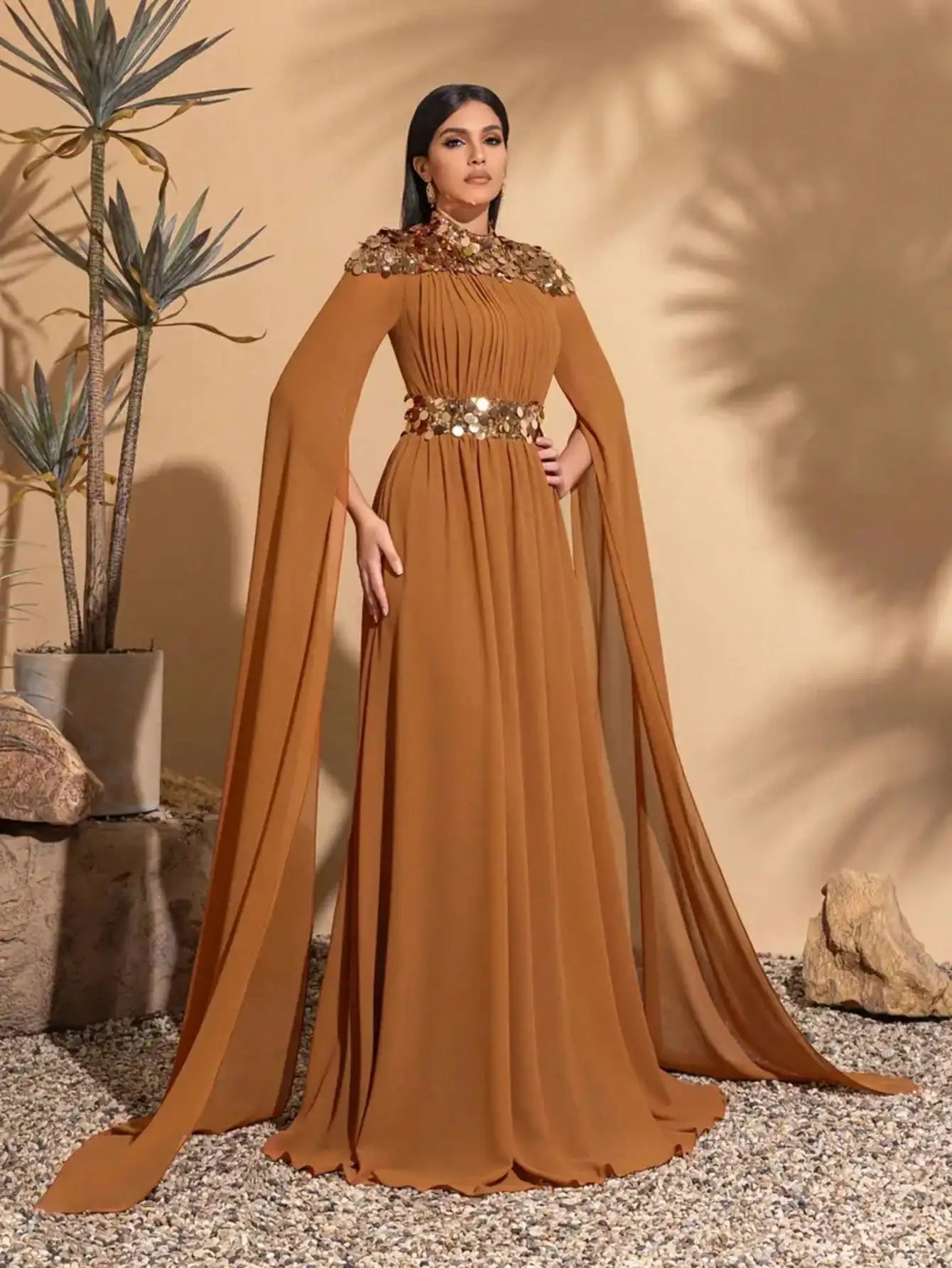 Elegant Sequin Chiffon Dress with Super Long Sleeves