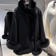 YOLOAgain 2025 Warm Oversized Real Fox Fur Collar Cuffs Elegant White Wool Coat Women Elegant