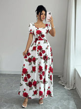 Women Rose Floral Print Maxi Dresses Square Neck Puff Short Sleeve Back Smocked Elastic Waist Flowy A Line Summer Vacation Dress