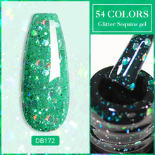 Green glitter sequins gel nail polish with a bottle showing the product.