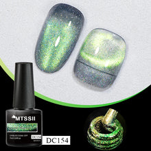 MTSSII DC154 magnetic cat-eye UV/LED soak-off nail polish shown in a black bottle, with two nail swatches displaying a shimmering green, silver, and blue iridescent finish on a white background with a black lower section.