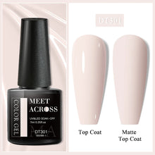 Nail gel polish bottle with top coat and matte top coat swatches on a light background