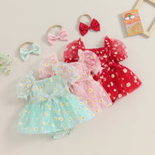 Baby girl tulle romper in pink with daisy print and headband