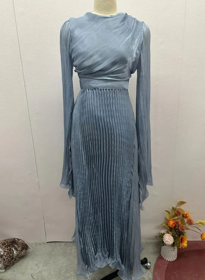 Folds Flare Sleeve Round Collar Floor Lace Up Tight Waist A Line Formal Gown