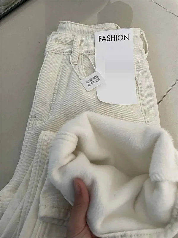 Winter Warm White High Waisted Denim Jeans