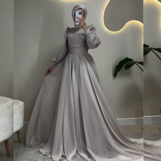 Charmeuse Beading Pleat Classic High Collar Long Dress