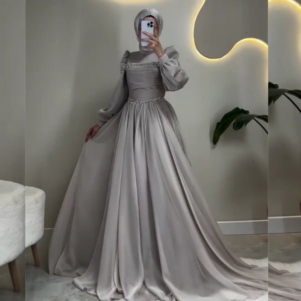 Charmeuse Beading Pleat Classic High Collar Long Dress