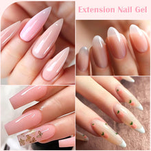 A four-panel collage showing close-up views of manicured fingernails wearing extension nail gel. The nails are long, almond-shaped, and glossy, with soft pink, nude, and white gradient designs, plus one panel featuring small green and peach floral details.