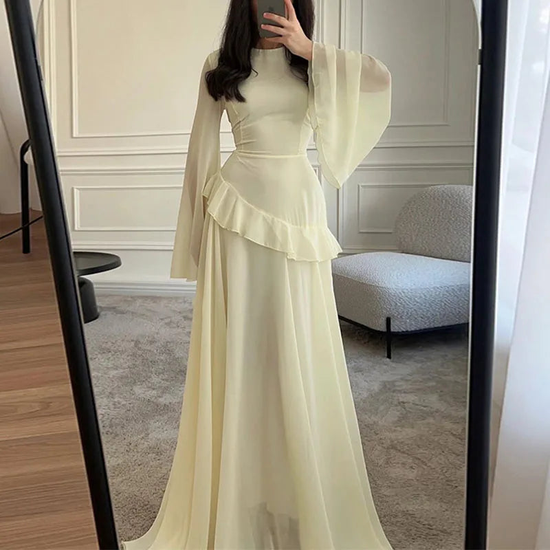 Robes O Neck Solid Ruffles Party Pleated Dress Spring Autumn Flare Sleeve Tie-up