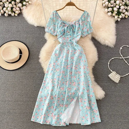 Summer Vintage Dress Blue Floral estidos